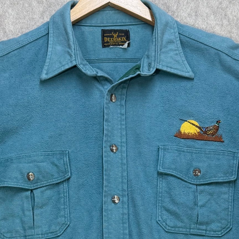Vintage Deerskin Pheasant Embroidered Chamois Shirt Teal Blue Mens Large‎ USA